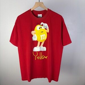 Y2K M&Ms Yellow Mars Candy Promo Humor Spell Out Vintage Red T Shirt Size XL